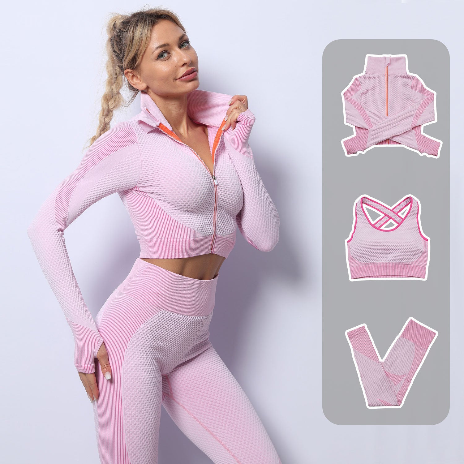 Seamless 3-Piece Activewear Set — Zip Jacket, Sports Bra & Leggings