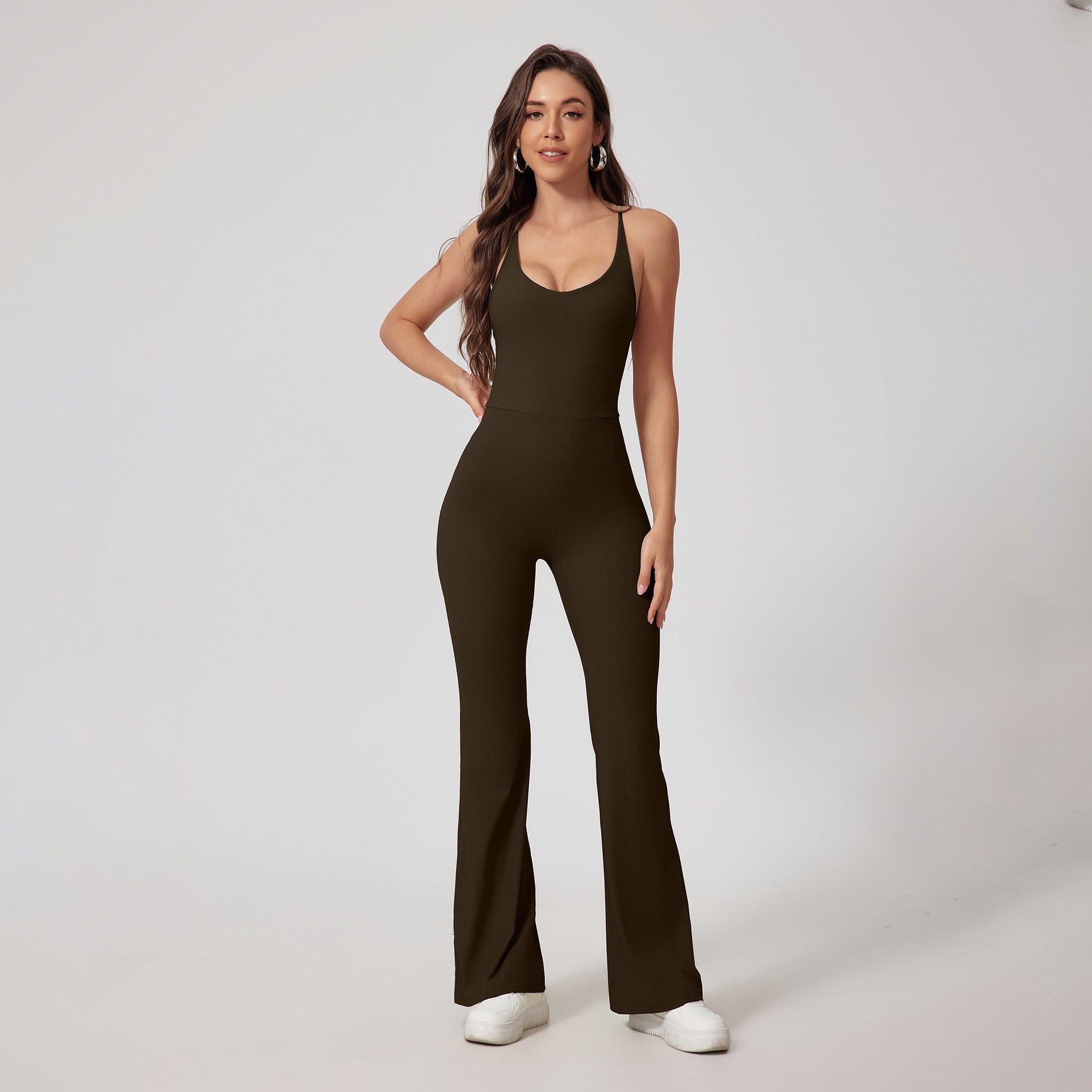 Strappy Open-Back Sports Jumpsuit — Flared Leg & Sculpting Fit