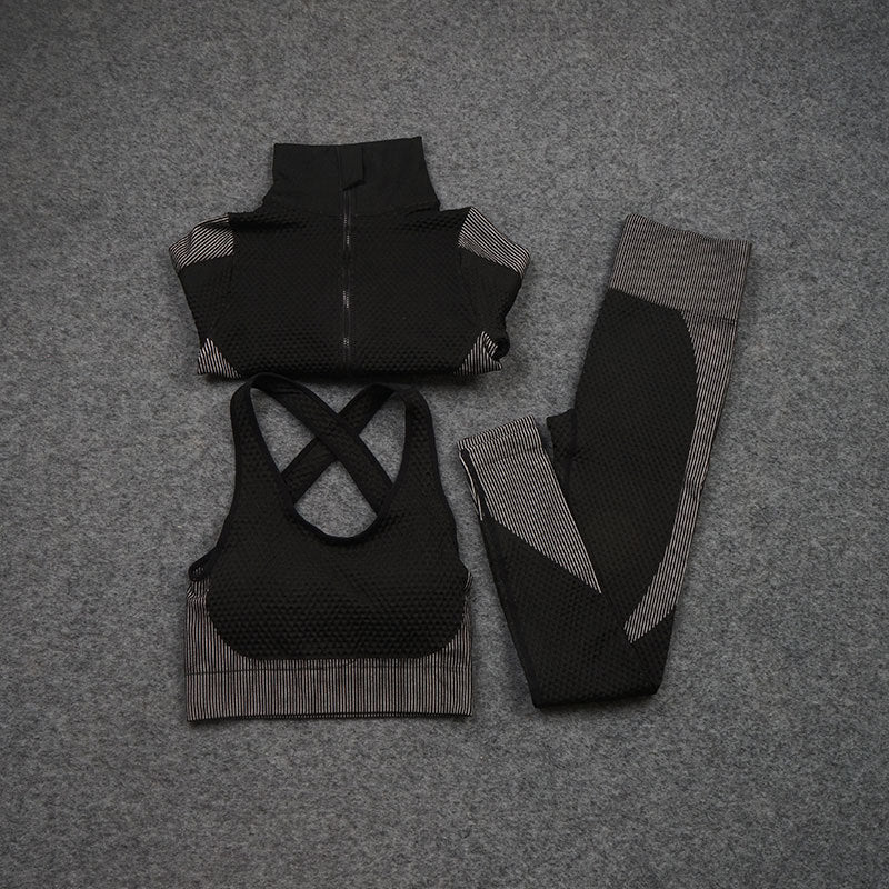 Seamless 3-Piece Activewear Set — Zip Jacket, Sports Bra & Leggings