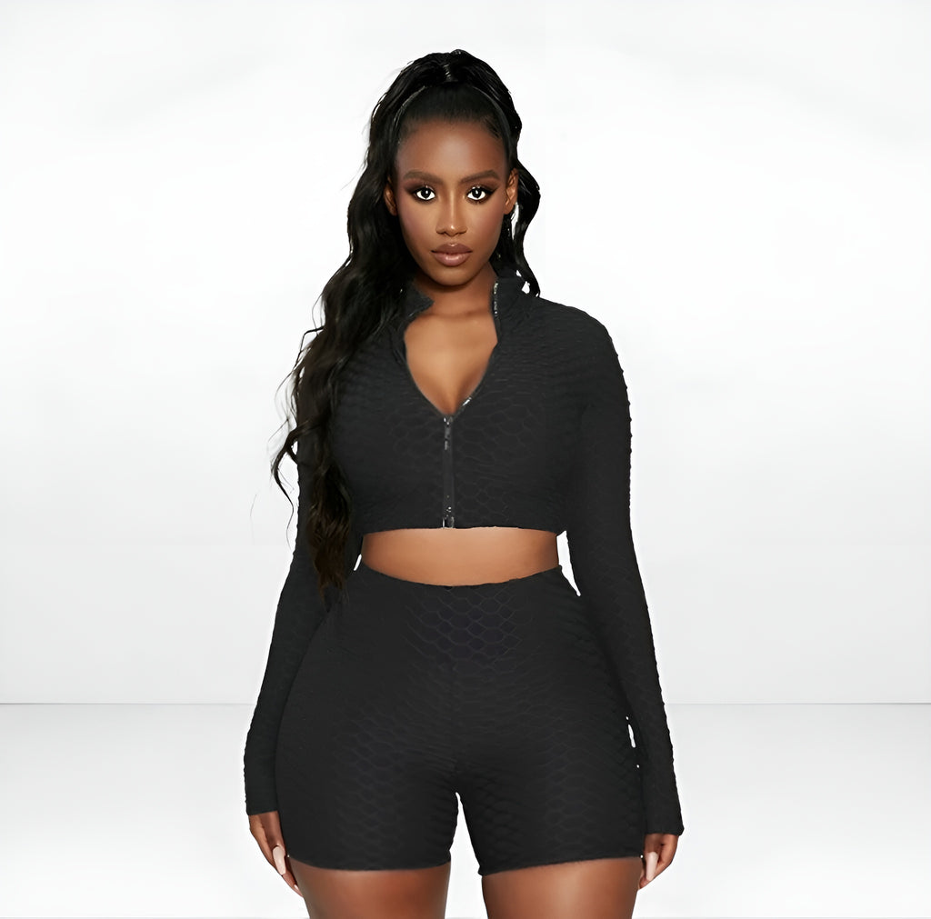 2-Piece Textured Zip Crop Top & High-Waist Biker Shorts Set — Curve Hugging Activewear