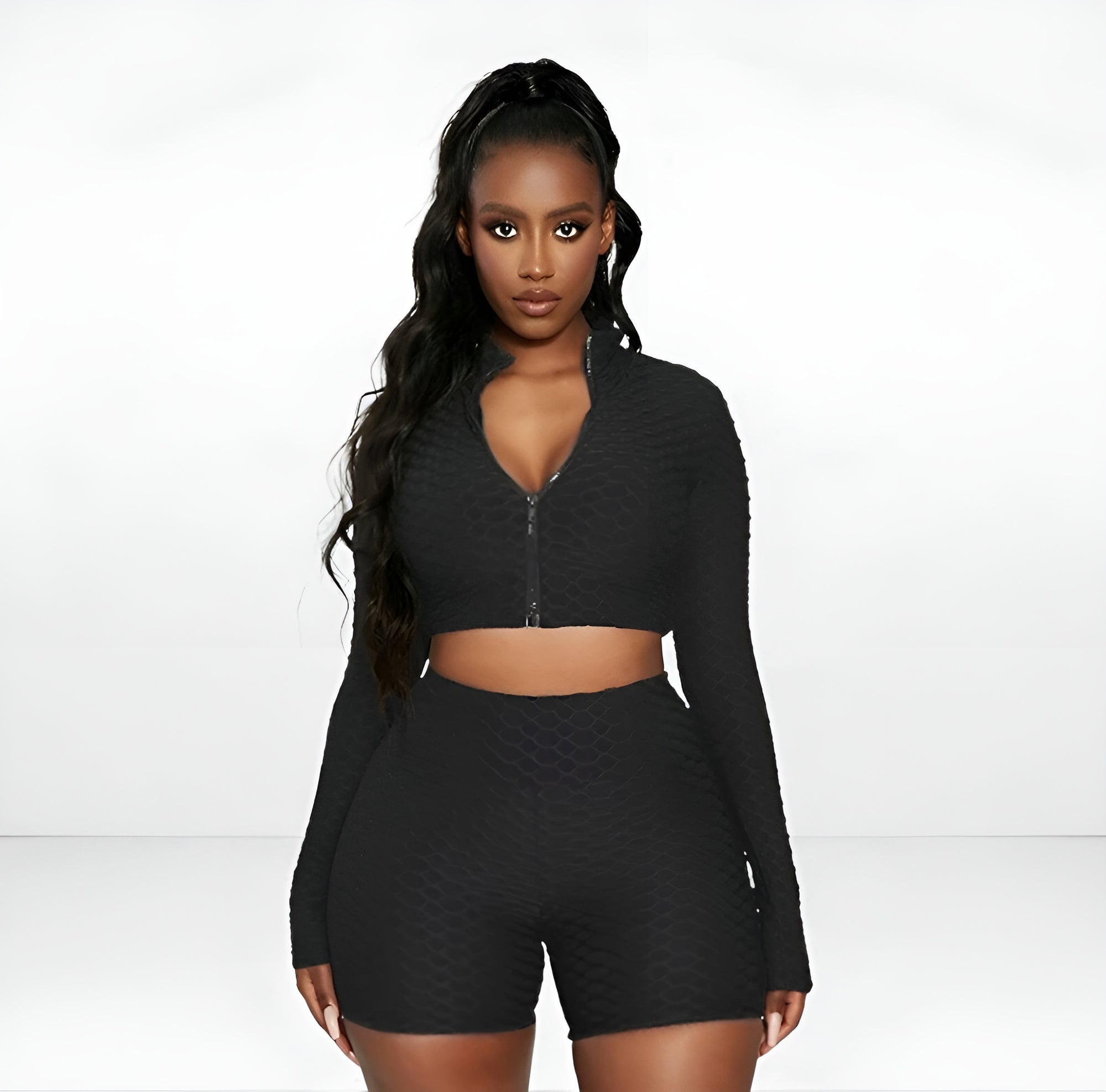 2-Piece Textured Zip Crop Top & High-Waist Biker Shorts Set — Curve Hugging Activewear