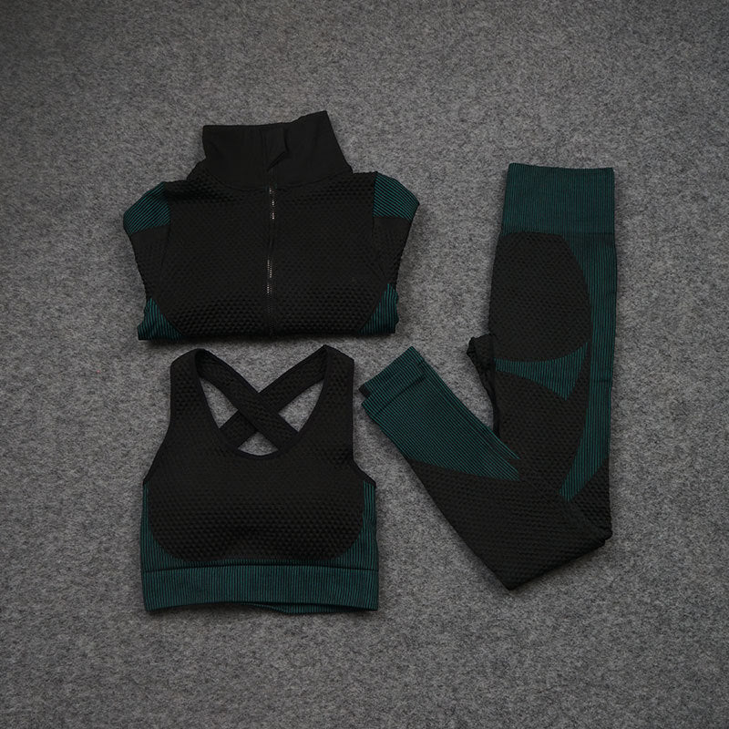 Seamless 3-Piece Activewear Set — Zip Jacket, Sports Bra & Leggings